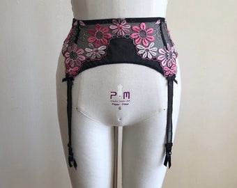 Black and Pink floral Embroidered Garter Belt - Early 2000s