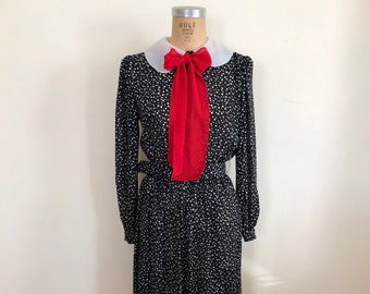 Black and White Polka Dot Midi-Dress with Contrast Organza Collar and Red Chiffon Necktie - 1980s