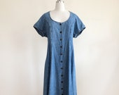 Short-Sleeved Denim Midi-Length Dress with Lace-Up Back - 1990s