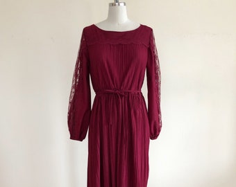 Burgundy Micro-Pleated Midi-Dress with Lace Inset Sleeves - 1980s