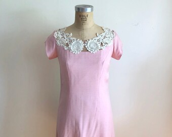 Pink Shift Dress with Floral Applique Yoke - 1960s