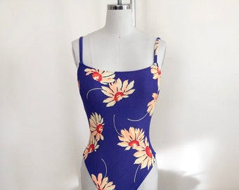 Bright Blue Sunflower Print Swimsuit with Lace-Up Back - 1990s