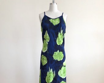 Blue and Lime Green Floral/Rose Print Maxi Dress - 1990s