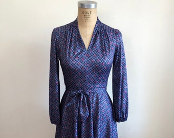 Blue and Pink Floral Print Dress - 1980s