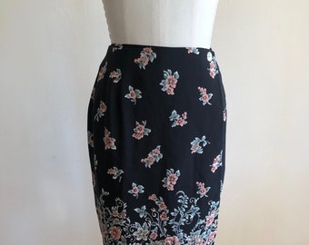 Black and Pink Floral Placement Print Wrap Mini Skirt - 1990s