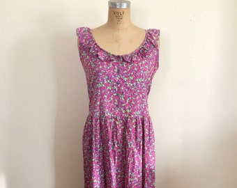 Sleeveless Pink and Purple Ditsy Floral Print Cotton Sundress - 1980s