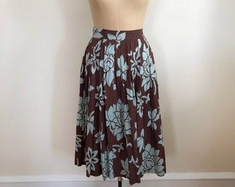 Brown and Light Blue Tropical Floral Print Cotton Midi Skirt - 1950s