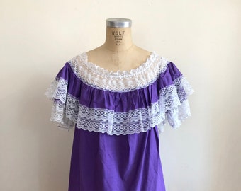 Purple and White Lace Off-Shoulder Blouse/Tunic - 1980s