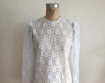Sheer White Lace Blouse with Contrast Trim - 1980s