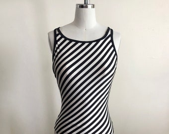 Ivory and Black Diagonal Striped Swimsuit - 1980s