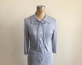 Blue and Cream Geometric Shirtdress - 1970s