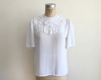 Sheer White Blouse with Oversized, Embroidered Bib Collar - 1980s