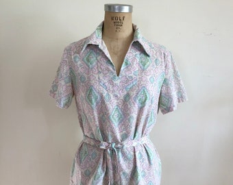 Pastel Geometric Print Tunic Top with Belt - 1970s