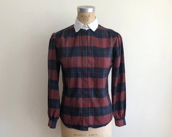 Black and Red Plaid Blouse with White Contrast Collar - 1980s