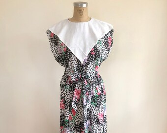Floral Print Dress With White Bib Collar 1980s - Etsy