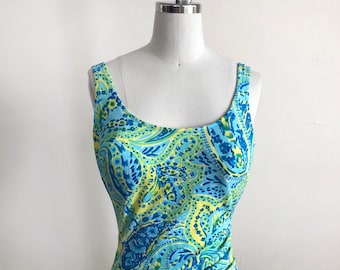 Blue and Yellow Paisley Print Swimsuit - 1960s