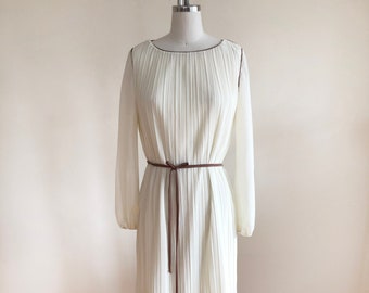 Cream and Light Brown Plisse Dress - 1970s