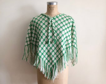 Green and Cream Loomed Poncho - 1970s