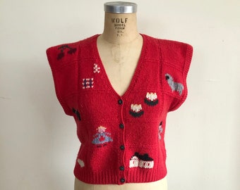 Red Sweater Vest with Storybook/Juvenile Motif - 1980s