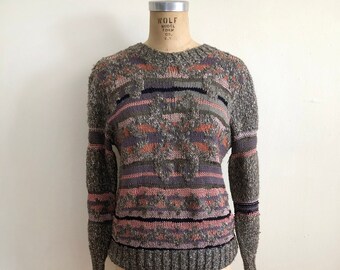 Intarsia and Mixed Stitch Knit Pullover Sweater - 1980s