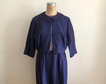 Navy Geometric Print Colorblock Dress with Matching Jacket - 1950s
