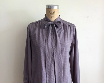 Purple Plaid Blouse with Neck Tie - 1980s