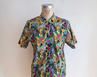 Jungle Animal Print Button Down Blouse - Early 1990s