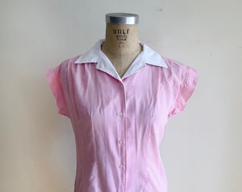 Bright Pink Gingham Shirt with White Contrast Collar - 1970s