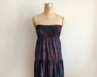 Purple Floral Print Strapless Dress with Textured Bodice - 1970s