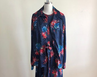 Navy and Red Floral Print Dress with Matching Jacket - 1970s