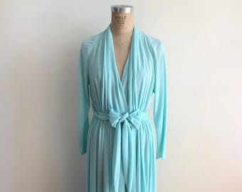 Long-Sleeved Aqua Surplice Maxi-Dress - 1970s