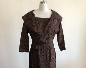 Black and Brown Floral Jacquard Matching Dress and Jacket - 1960s
