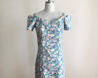 Floral Printed Off-Shoulder Denim Dress - 1980s