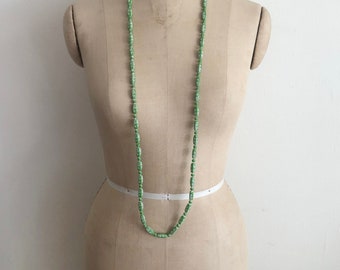 Long Lime Green and White Floral Bead Necklace - 1970s