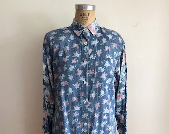 Oversized Blaue Bluse mit Blumendruck - 1980er Jahre