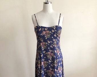 Laura Ashley Blue and Pink Floral Print Maxi Dress - 1990s