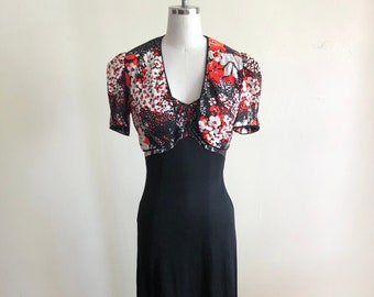 Black and Orange Floral Print Maxi Dress with Matching Shrug - 1970s