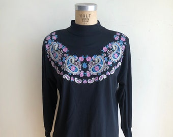 Paisley and Floral Print Mock-Neck Shirt - 1980s