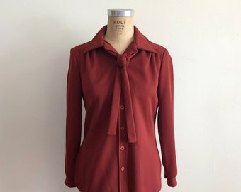 Dark Red/Maroon Blouse with Neck Tie - 1970s