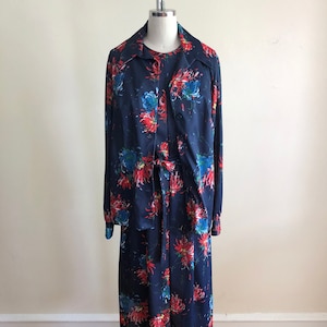 Navy and Red Floral Print Dress with Matching Jacket 1970s image 1