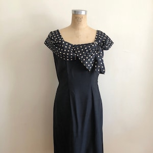 Black Silk Cocktail Dress with Oversized Polka-Dot Bow - 1950s