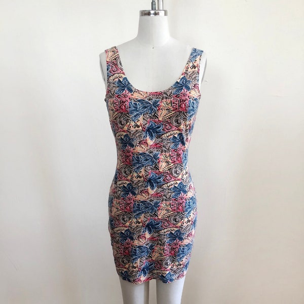 Floral/Conversational Print Body-Con Mini-Dress - 1980s