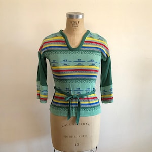 Green Southwest Motif Pullover Sweater with Tie Belt 1970s image 1