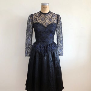 Blue and Black Lace Overlay Gunne Sax Gown 1980s image 1