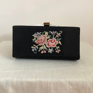 Small Black Clutch Purse with Floral Petit Point Decoration 1940s image 1