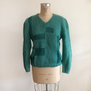 Jersey De Patchwork Intarsia Mohair de color verde azulado - Década de 1980