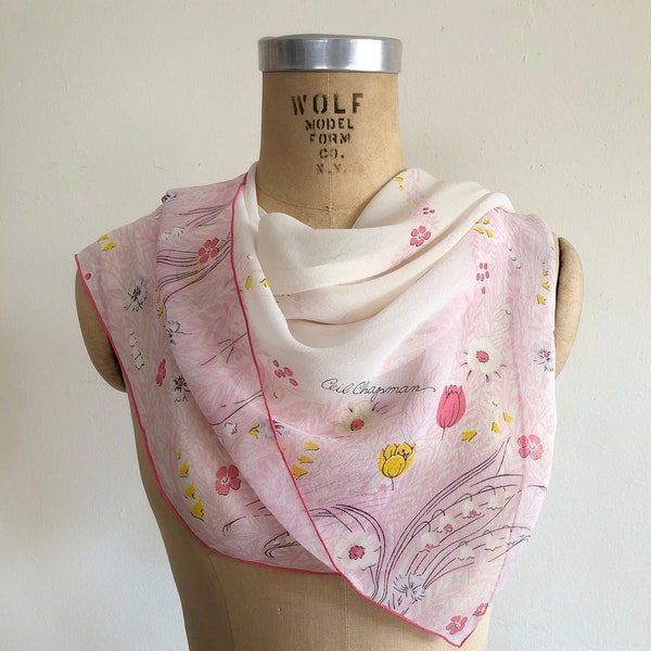 Pink and Yellow Floral Print Silk Chiffon Scarf by Ceil Chapman - 1950s