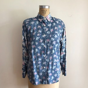 Oversized Blue Floral Print Blouse - 1980s