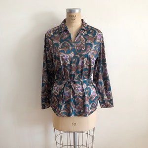 Teal and Brown Floral Print Blouse with Tie 1970s image 1