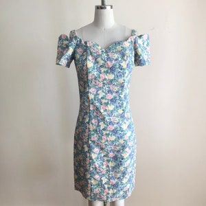 Floral Printed Off-Shoulder Denim Dress 1980s image 1